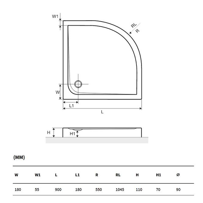 Brodzik półokrągły 90/90/11 SENSE COMP. BREX.SEN09WHC